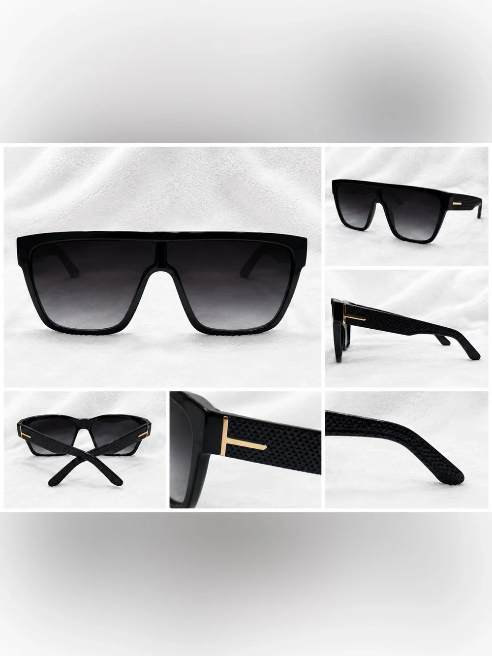 Black Oversized Shield Sunglasses with Gold Accent